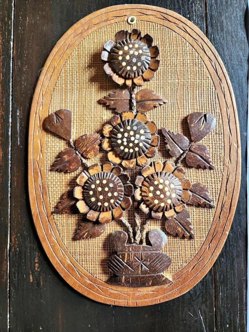 Vintage Floral Wood Wall Plaque Brown